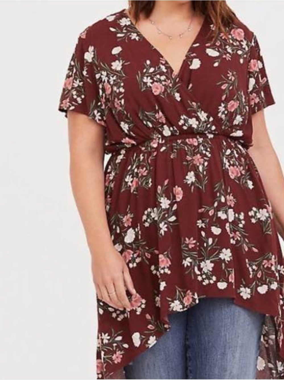 Torrid Burgundy Floral Faux Wrap Hi-Low Tunic Top
